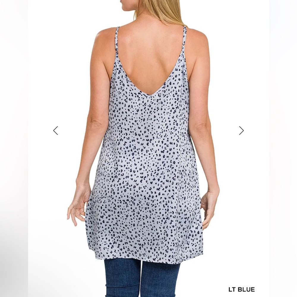 Zenana Outfitters Leopard Print Satin VNeck Cami Tunic Dress/Chemise, Blue, Sz S - Picture 2 of 6